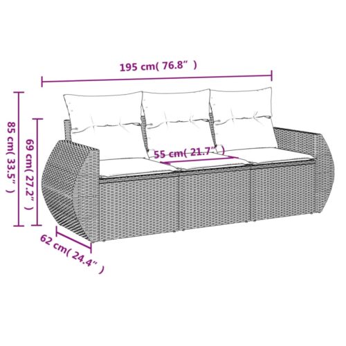 3-Piece Garden Sofa Set with Cushions Beige Poly Rattan Wicker Outdoor Patio Furniture - Image 3
