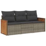3-Piece Garden Sofa Set with Cushions Grey Poly Rattan Wicker Outdoor Patio Furniture