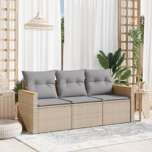 3-Piece Garden Sofa Set with Cushions Mix Beige Poly Rattan Wicker Outdoor Patio Furniture - Image 2