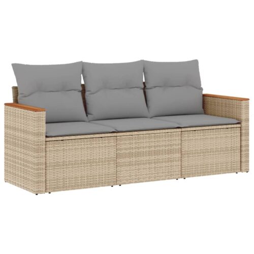 3-Piece Garden Sofa Set with Cushions Mix Beige Poly Rattan Wicker Outdoor Patio Furniture - Image 11