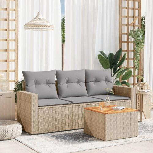 4-Piece Garden Sofa Set with Cushions Beige Poly Rattan Wicker Outdoor Patio Furniture - Image 2