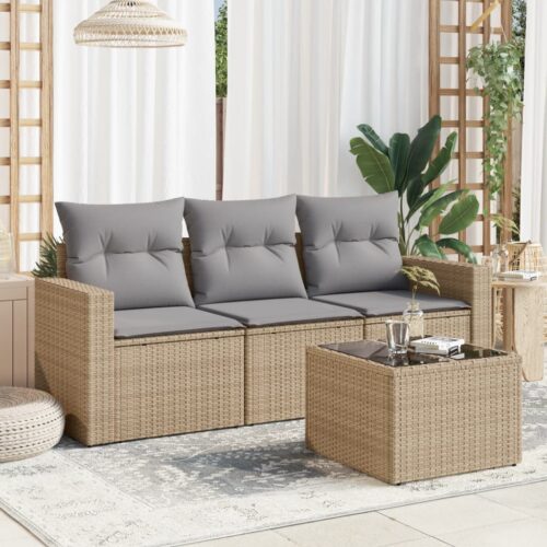 4-Piece Garden Sofa Set with Cushions Beige Poly Rattan Wicker Outdoor Patio Furniture - Image 2
