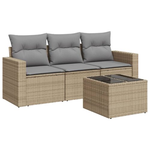 4-Piece Garden Sofa Set with Cushions Beige Poly Rattan Wicker Outdoor Patio Furniture - Image 6