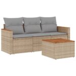 4-Piece Garden Sofa Set with Cushions Beige Poly Rattan Wicker Outdoor Patio Furniture