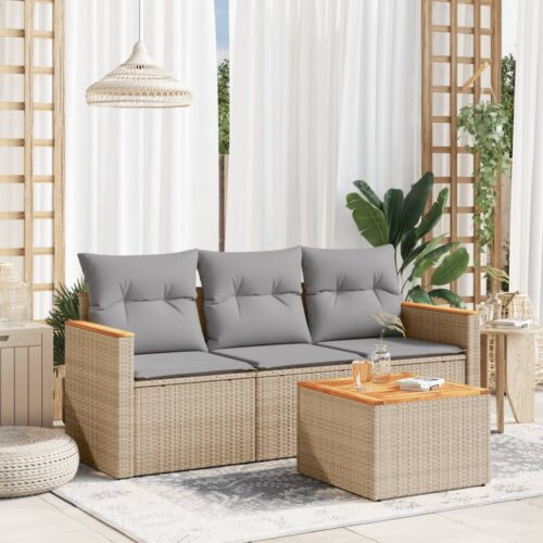 4-Piece Garden Sofa Set with Cushions Beige Poly Rattan Wicker Outdoor Patio Furniture - Image 2