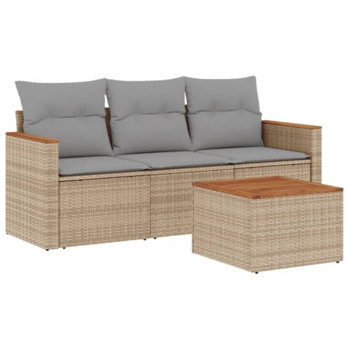 4-Piece Garden Sofa Set with Cushions Beige Poly Rattan Wicker Outdoor Patio Furniture - Image 5