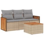 4-Piece Garden Sofa Set with Cushions Beige Poly Rattan Wicker Outdoor Patio Furniture