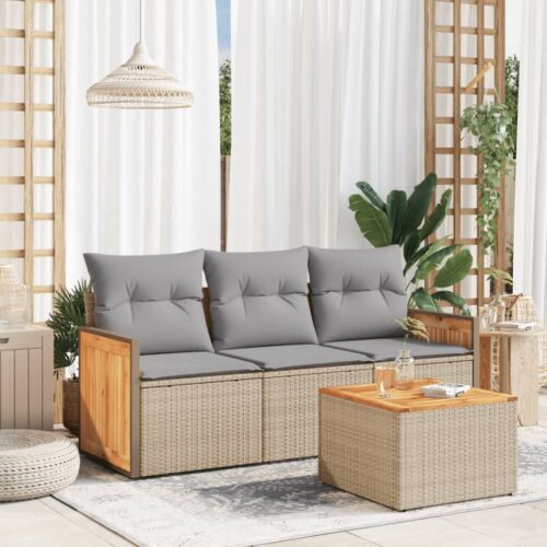 4-Piece Garden Sofa Set with Cushions Beige Poly Rattan Wicker Outdoor Patio Furniture - Image 2