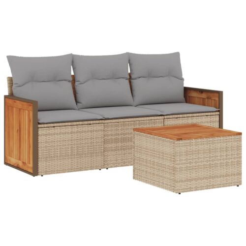 4-Piece Garden Sofa Set with Cushions Beige Poly Rattan Wicker Outdoor Patio Furniture - Image 13