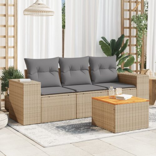 4-Piece Garden Sofa Set with Cushions Beige Poly Rattan Wicker Outdoor Patio Furniture - Image 2