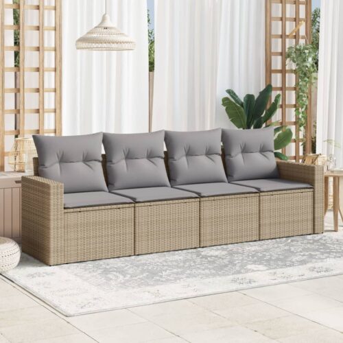 4-Piece Garden Sofa Set with Cushions Beige Poly Rattan Wicker Outdoor Patio Furniture - Image 2