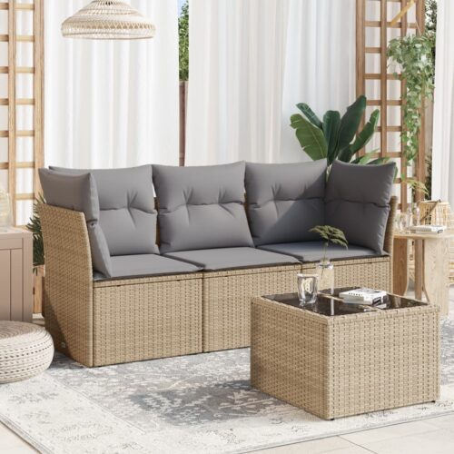 4-Piece Garden Sofa Set with Cushions Beige Poly Rattan Wicker Outdoor Patio Furniture - Image 2