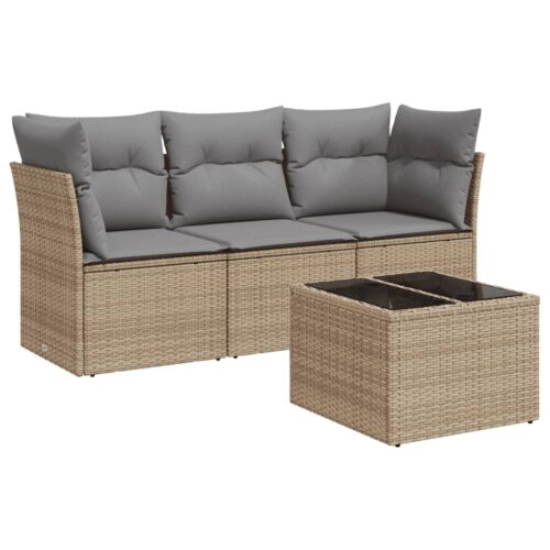 4-Piece Garden Sofa Set with Cushions Beige Poly Rattan Wicker Outdoor Patio Furniture - Image 5