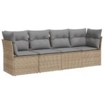 4-Piece Garden Sofa Set with Cushions Beige Poly Rattan Wicker Outdoor Patio Furniture