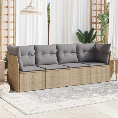 4-Piece Garden Sofa Set with Cushions Beige Poly Rattan Wicker Outdoor Patio Furniture - Image 2