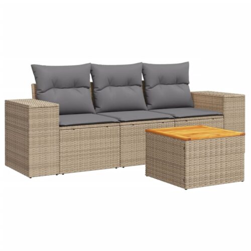 4-Piece Garden Sofa Set with Cushions Beige Poly Rattan Wicker Outdoor Patio Furniture