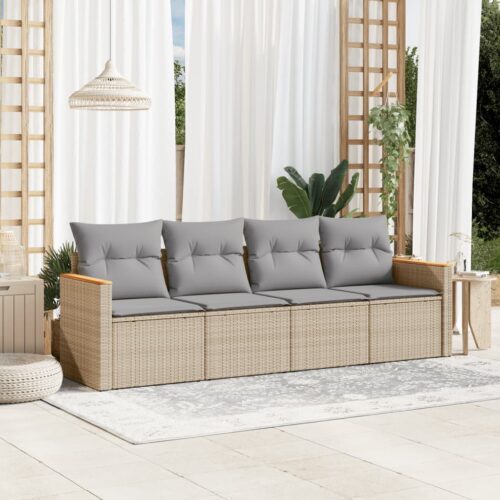 4-Piece Garden Sofa Set with Cushions Beige Poly Rattan Wicker Outdoor Patio Furniture - Image 2