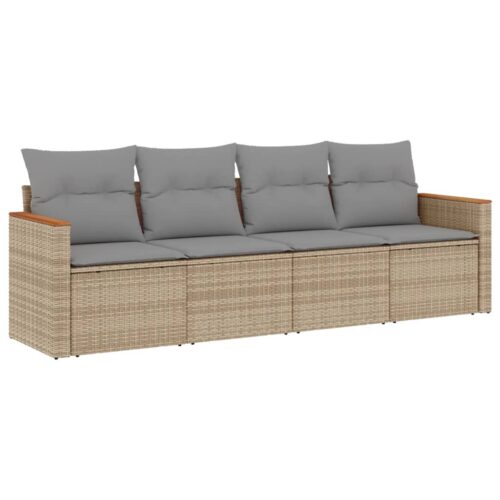 4-Piece Garden Sofa Set with Cushions Beige Poly Rattan Wicker Outdoor Patio Furniture - Image 5