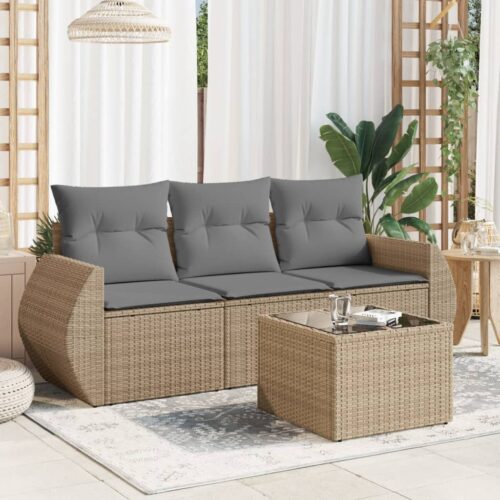 4-Piece Garden Sofa Set with Cushions Beige Poly Rattan Wicker Outdoor Patio Furniture - Image 2