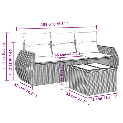 4-Piece Garden Sofa Set with Cushions Beige Poly Rattan Wicker Outdoor Patio Furniture - Image 3