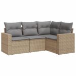 4-Piece Garden Sofa Set with Cushions Beige Poly Rattan Wicker Outdoor Patio Furniture