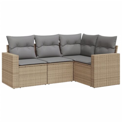 4-Piece Garden Sofa Set with Cushions Beige Poly Rattan Wicker Outdoor Patio Furniture