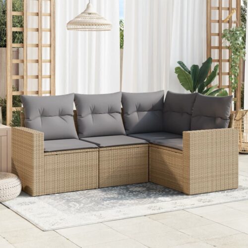 4-Piece Garden Sofa Set with Cushions Beige Poly Rattan Wicker Outdoor Patio Furniture - Image 2