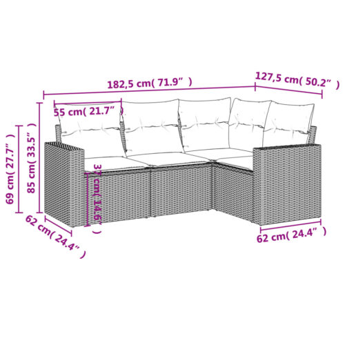 4-Piece Garden Sofa Set with Cushions Beige Poly Rattan Wicker Outdoor Patio Furniture - Image 3