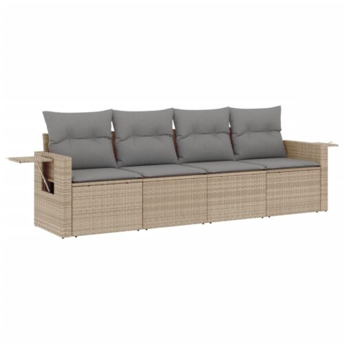 4-Piece Garden Sofa Set with Cushions Beige Poly Rattan Wicker Outdoor Patio Furniture