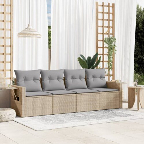 4-Piece Garden Sofa Set with Cushions Beige Poly Rattan Wicker Outdoor Patio Furniture - Image 2