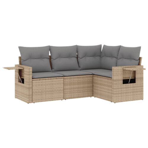 4-Piece Garden Sofa Set with Cushions Beige Poly Rattan Wicker Outdoor Patio Furniture