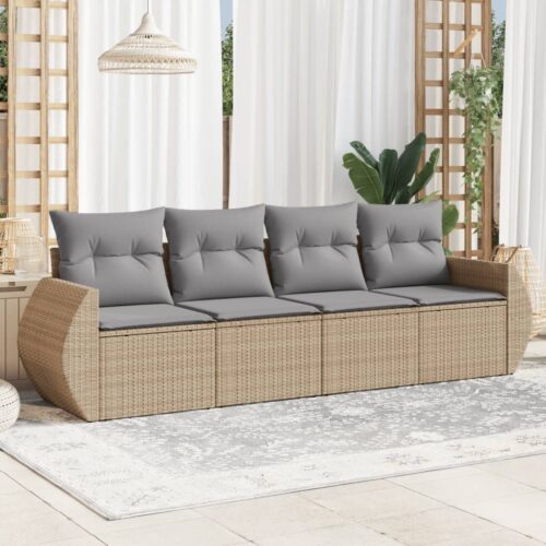 4-Piece Garden Sofa Set with Cushions Beige Poly Rattan Wicker Outdoor Patio Furniture - Image 2