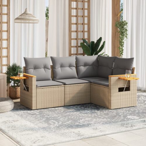 4-Piece Garden Sofa Set with Cushions Beige Poly Rattan Wicker Outdoor Patio Furniture - Image 2