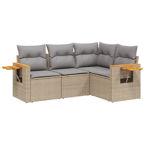 4-Piece Garden Sofa Set with Cushions Beige Poly Rattan Wicker Outdoor Patio Furniture - Image 14