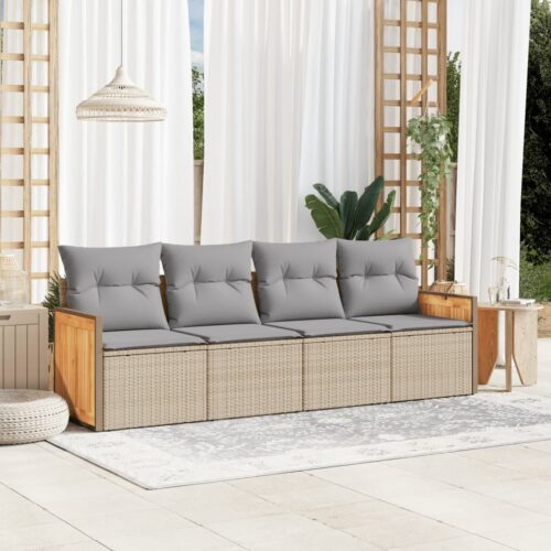 4-Piece Garden Sofa Set with Cushions Beige Poly Rattan Wicker Outdoor Patio Furniture - Image 2