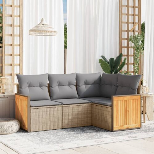 4-Piece Garden Sofa Set with Cushions Beige Poly Rattan Wicker Outdoor Patio Furniture - Image 2