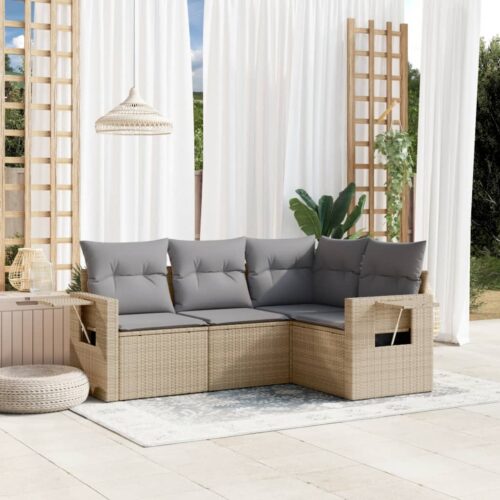 4-Piece Garden Sofa Set with Cushions Beige Poly Rattan Wicker Outdoor Patio Furniture - Image 2