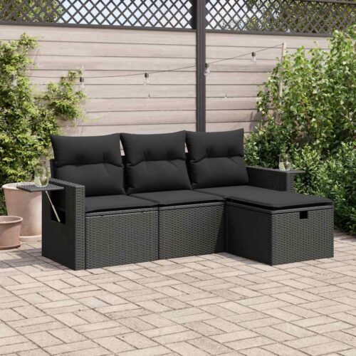 4-Piece Garden Sofa Set with Cushions Black Poly Rattan Wicker Outdoor Patio Furniture - Image 2