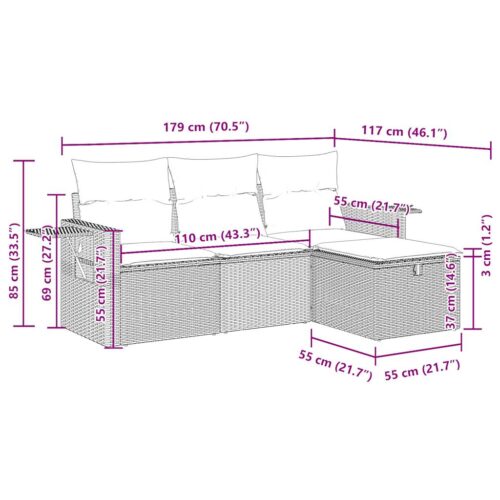 4-Piece Garden Sofa Set with Cushions Black Poly Rattan Wicker Outdoor Patio Furniture - Image 12