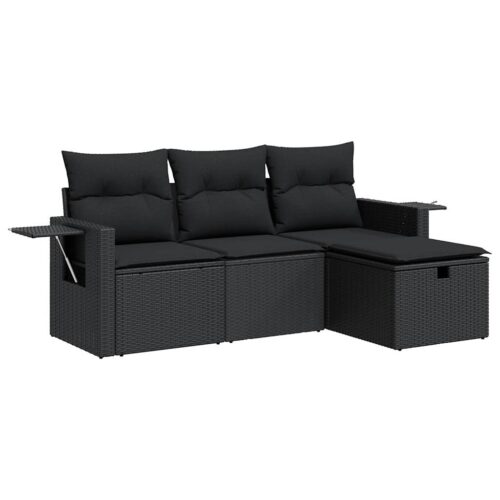 4-Piece Garden Sofa Set with Cushions Black Poly Rattan Wicker Outdoor Patio Furniture - Image 13