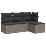4-Piece Garden Sofa Set with Cushions Grey Poly Rattan Wicker Outdoor Patio Furniture