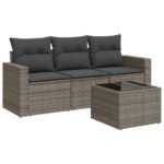 4-Piece Garden Sofa Set with Cushions Grey Poly Rattan Wicker Outdoor Patio Furniture