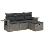 4-Piece Garden Sofa Set with Cushions Grey Poly Rattan Wicker Outdoor Patio Furniture