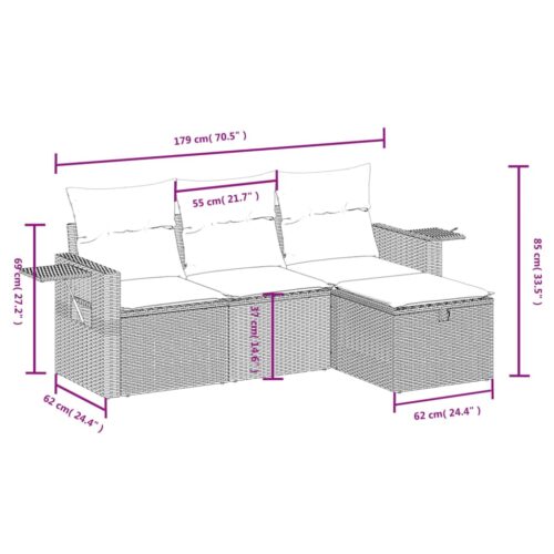 4-Piece Garden Sofa Set with Cushions Grey Poly Rattan Wicker Outdoor Patio Furniture - Image 4