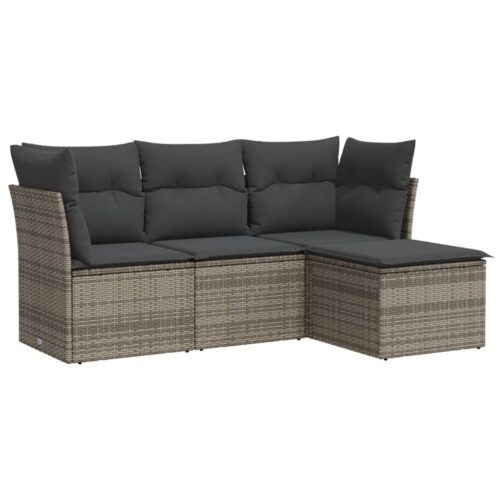 4-Piece Garden Sofa Set with Cushions Grey Poly Rattan Wicker Outdoor Patio Furniture