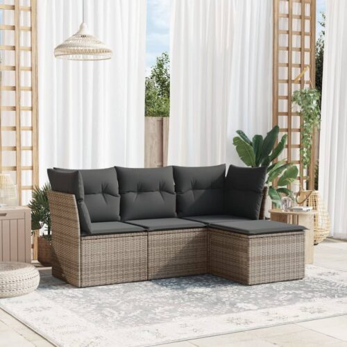 4-Piece Garden Sofa Set with Cushions Grey Poly Rattan Wicker Outdoor Patio Furniture - Image 2