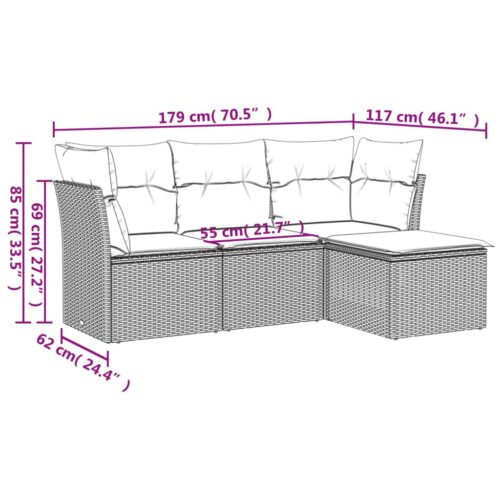 4-Piece Garden Sofa Set with Cushions Grey Poly Rattan Wicker Outdoor Patio Furniture - Image 3