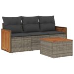 4-Piece Garden Sofa Set with Cushions Grey Poly Rattan Wicker Outdoor Patio Furniture