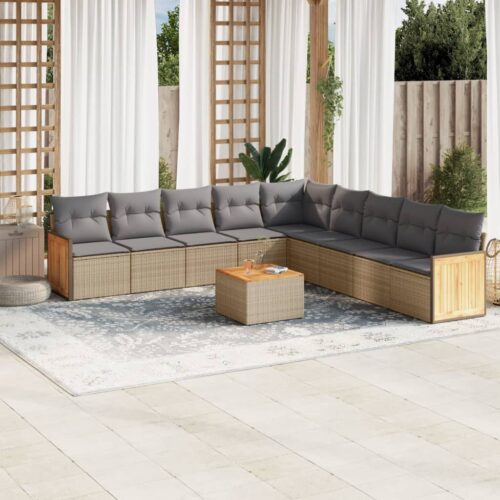 10-Piece Garden Sofa Set with Cushions Beige Poly Rattan Wicker Outdoor Patio Furniture - Image 2