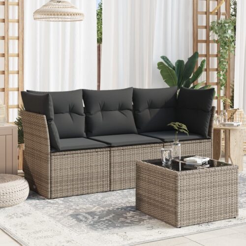 4-Piece Garden Sofa Set with Cushions Grey Poly Rattan Wicker Outdoor Patio Furniture - Image 2